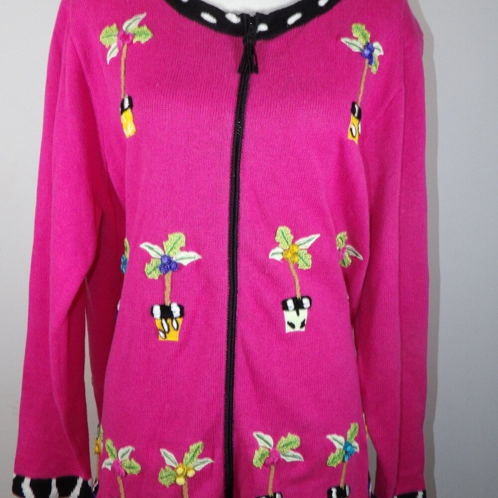 Just B Pink Sequined Beaded Flower Zip Up Cardigan Sweater Size Large - Picture 4 of 7